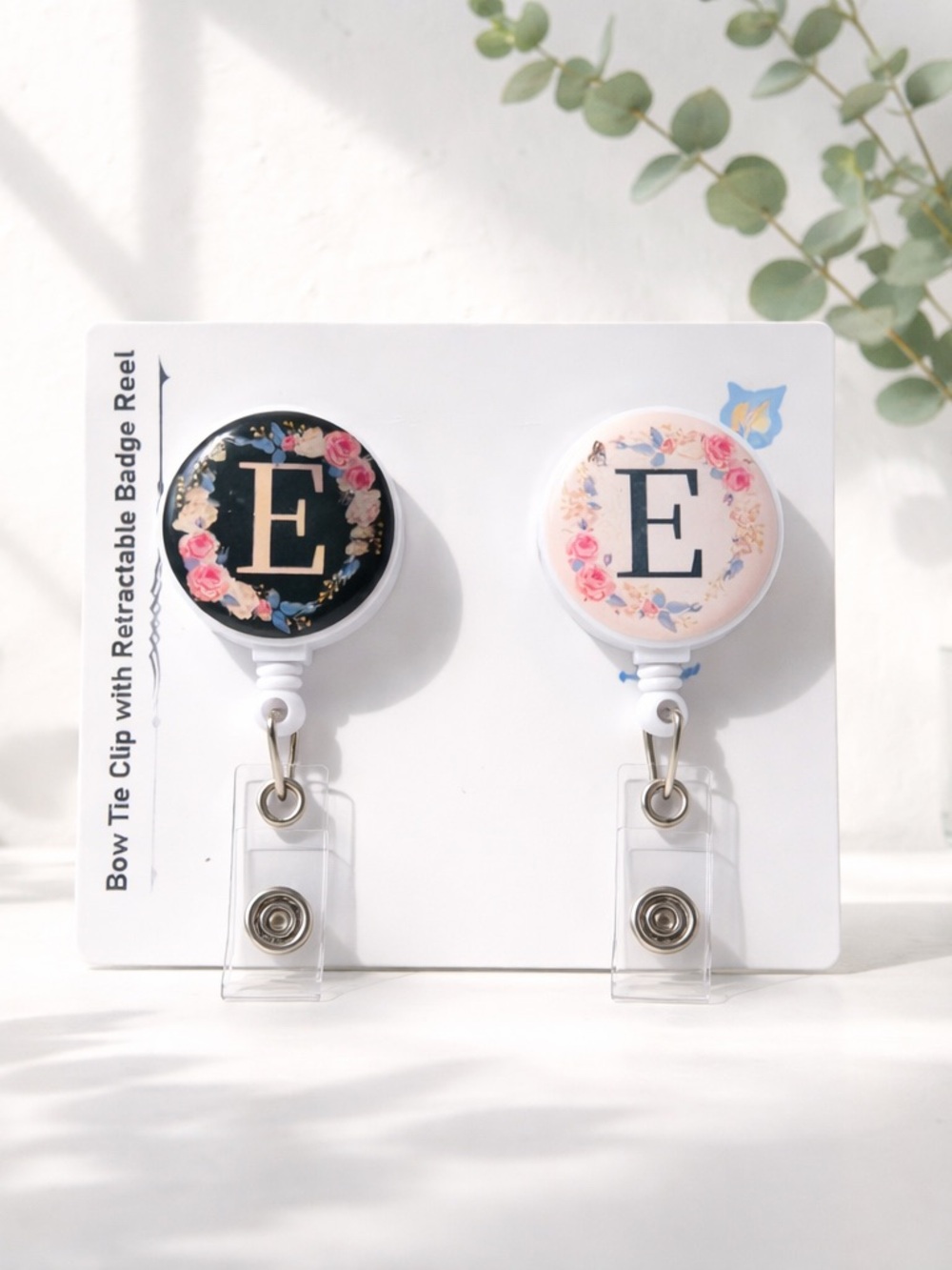 Set of 2 retractable badge reels letter E